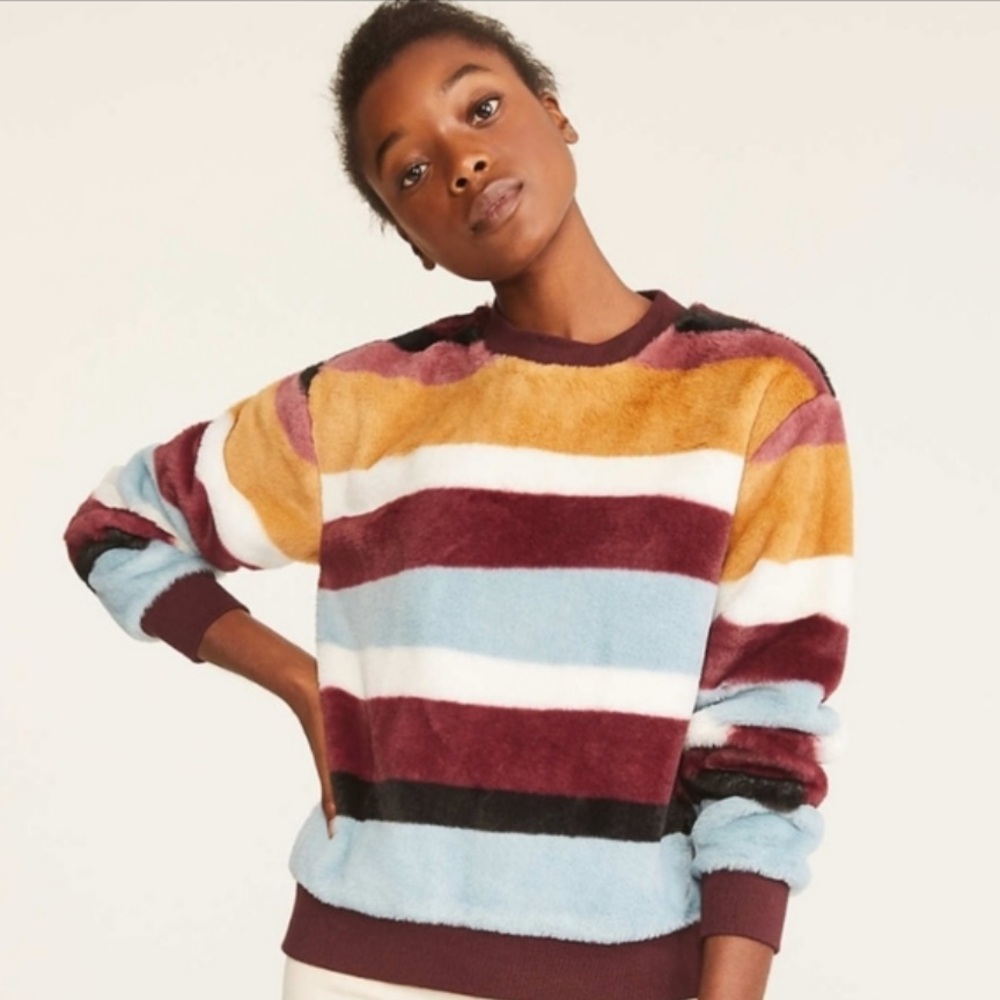 LOU & GREY Striped Faux Fur Sweatshirt Plum Combo XS Cozy Crewneck Pullover